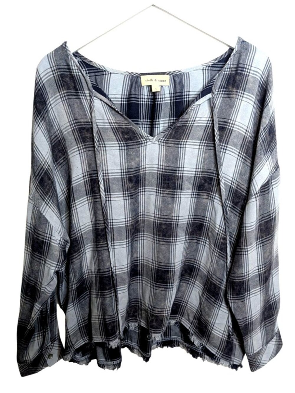 Cloth & Stone Navy Blue Plaid Long Sleeve Top With Frayed Hem Size L Boho